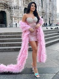 Casual Dresses VC Luxury Dress For Women Pink Feather Scarf Strapless With Crystal Sequins Mini Celebrity Party Vestido 2024 Trendy