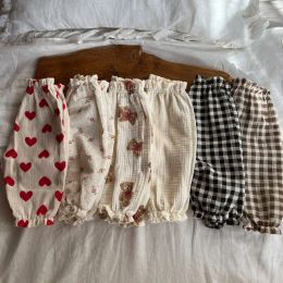 Trousers 2022 Spring New Cute Bear Print Baby Boys Casual Pants Flower Heart Print Girls Summer Mosquito Pants Baby Loose Plaid Trousers