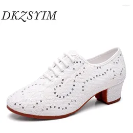 Dance Shoes DKZSYIM Women Modern Ladies Latin Ballroom Rumba Jazz Outdoors Sequins Practice Dancing Middle Heeled 3/5cm