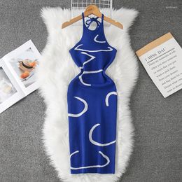 Casual Dresses Chic Fashion Solid Knitted Women Dress 2024 Summer Halter Sleeveless Bodycon Europe Style Ladies Street Wear Outfits