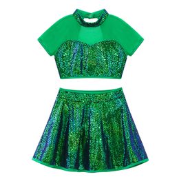 Girls Two Piece Sequins Ballet Dancing Suit Kids Patchwork Jazz Skating Gymnastics Shiny Performance Costume Stage Dance Outfit