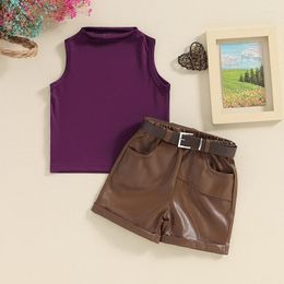 Clothing Sets Summer Kids Girls Shorts Sleeveless Crewneck Tops Solid Colour PU Leather Belted Clothes