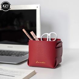 Nordic Leather Organiser Basket Pen Holder Cosmetics Key Headphones Remote Control Sundry Folding Storage Box For Home Desktop