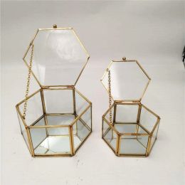 Glass Jewellery Storage Box Copper Edge Transparent Hexagonal Wedding Ring Necklace Jewellery Display Case Container