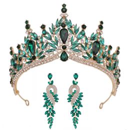 Luxury Crystal Leaves Forest Queen Wedding Crown With Earrings Bride Tiaras Bridal Diadem Water Drop Rhinestone Hair Accessories