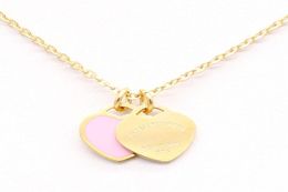 Highquality New stainless steel enamel pink double heart necklace T necklace female short 18k gold titanium steel necklace pendant2219359