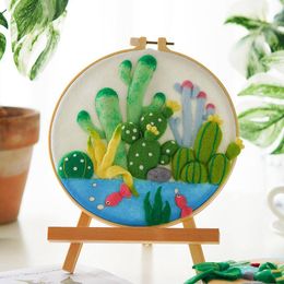 RUOPOTY Wool Painting Embroidery Frame Kit Cactus Flowers Modern Picture Diy Felt Crafts Package Felt Needle For Home Decors