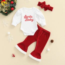 Trousers Ma Baby 018M Christmas Newborn Infant Baby Girl Clothes Set Santa Baby Puffl Sleeve Romper Flare Pants Xmas Outfit Costumes D84