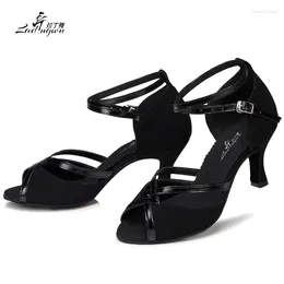 Dance Shoes Ladingwu Wholesale Flannel PU And Satin Brown/Black For Women Ballroom Party Salsa Latin Heel 6/7.5/8.5/10cm