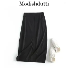 Skirts Modishdutti High Quality 2024 Spring Summer Woman Fashion Linen Waist Split Midi Skirt Female Solid Casual Black Bottoms