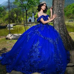 Royal Blue Quinceanera Dress Ball Gown Off The Shoulder 3D Flowers Applique Beading Tull Crystals Corset Sweet 16 Vestido De 15 Anos