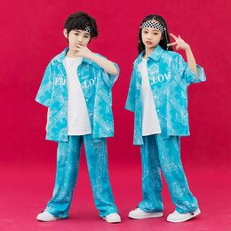 New Children Jazz Dance Costumes For Kids Blue Loose Kpop Outfits Girls Boys Ballroom Hip Hop Modren Dance Rave Clothes DQS12498