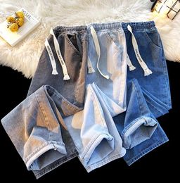 Men's Jeans Summer Elastic Waist For Women's Casual Oversized Loose Straight Drawstring Denim Pants Vintage Wide Leg Trouser S-3XL