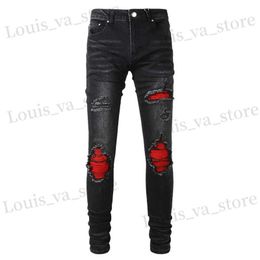 Men's Jeans Mens Cracked Red Pleated Patch Biker Jeans Strtwear Patchwork Stretch Denim Pants Skinny Tapered Black Trousers T240411