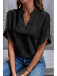Women's Blouses Shirts Summer Solid Colour V-neck Off-shoulder Womens Blouse Loose Tops 2024 Elegant Office Shirt New Fashion Black Top For Women 240411