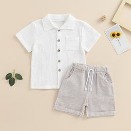 Kids Clothes Boys Summer 2-Piece Outfits Short Sleeve Button-Down T-Shirt and Elastic Vertical Stripe Shorts Set