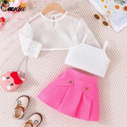 Clothing Sets Ceeniu Summer Holiday Clothes For Girls 2024 Net Hole Top Camisole Pink Pleated Skirt Baby Luxury