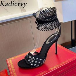 Women High Rhinestone Gladiator Sandals Heels Runway Shoes Crystal Mesh Hollow Outs Stiletto Summer Woman