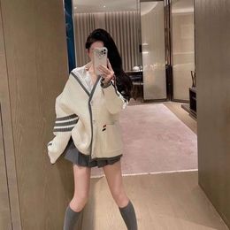 Women's Knits & Tees 23ss Autumn/winter Heavy Industry Four Bar Lazy Style Patchwork Knitted Small Fragrant Jacket College Cardigan Sweater