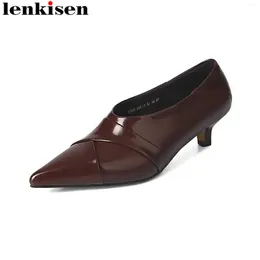 Dress Shoes Lenkisen 2024 Sheep Leather Stiletto Med Heels Spring Summer Pointed Toe Vintage Deep Mouth Office Lady Casual Women Pumps