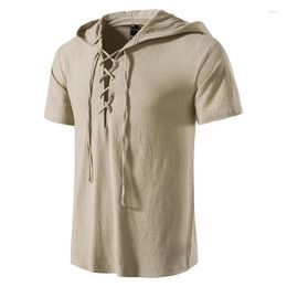 Men's Casual Shirts Hooded T Shirt Men Summer Short Sleeve Streetwear Pure Color Lace-up Breathable Top Tees