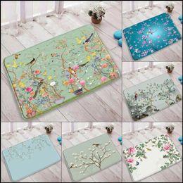 Bath Mats Flowers Birds Door Mat Pink Yellow Floral Plant Butterfly Nature Chinese Style Rug Home Room Bathroom Decor Non-slip Carpet
