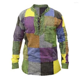 Men's T Shirts Men Shirt Patchwork Lace Up Vintage Colourful Long Sleeve Autumn Top For Daily Wear
