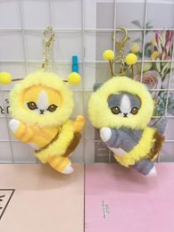 Factory wholesale 2 styles 13cm lovely cartoon bee shark cat plush toy key chain pendant animation peripheral plush pendant for children