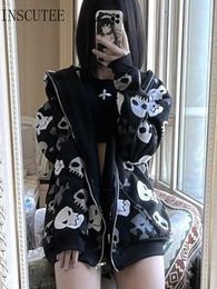 Women's Hoodies INSCUTEE Harajuku Y2k Skull Sweatshirt Women Dark Gothic Cyber Punk Long Sleeve Zipper Cardigan Hoodie Streetwear Rave