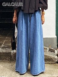 Women's Jeans GALCAUR Casual Minimalist Loose Denim Pants For Women High Waist Patchwork Pockets Vintage Solid Wide Leg Trousers Female