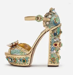 Dress Shoes Women Gold Floral Lace Sandals Peep Toe Ankle Strap Crystal Pearl Decoration Wedding Bride