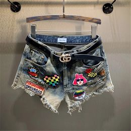 Summer Denim Shorts Women Embroidery Fashion Washed Ripped Jeans Female Streetwear Loose High Waist Wide Leg 240411