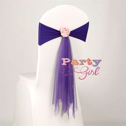 20pcs Lot Lycra Chair Band With Organza Sash Ball Flower For Wedding Chair Cover Event Party Hotel Decoration