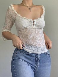 Women's T Shirts Women Lace T-shirt Scoop Neck 3 4 Sleeve See-through Summer Tops For Club Party
