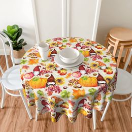 Autumn Pumpkin Gnomes Tablecloth Round 60 in Thanksgiving Fall Leaves Sunflower Washable Wrinkle Stain-Resistant Table Cloth