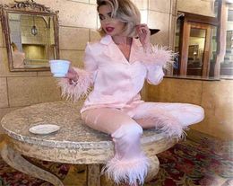 Trendy Women Pyjamas Set Autumn Casual Lapel Tops Feather Pants Suits Sexy Lingerie Nightwear Silk Satin Pyjamas pjs Suit 2Pcs X8785176