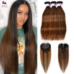 Beauty Forever Highlight Ombre Brown Straight Virgin Human Hair Bundles With Closure Swiss Lace Indian Human Hair Extensions