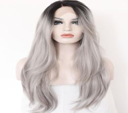 Ombre Gray 2 Tones Synthetic Lace Front Wig Dark Roots Long Natural Straight Silver Grey Replacement Hair Wigs For Women Heat Resi4496364