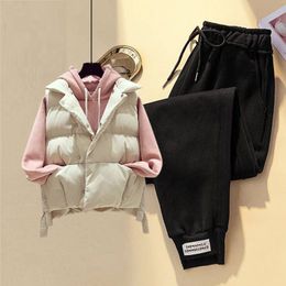 New Woman Padded Vest Zip Hooded Winter Female Warm Sweatpants Hoodies and Solid Pants Ladies Three Piece Suits Outfits G424