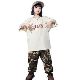 Kids Concert Street Outfit Hip Hop Clothing White Tshirt Tops Denim Camo Pants For Girls Jazz Dance Costume Teenage Show Clothes