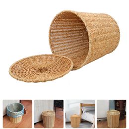 Basket Trash Can Storage Wicker Sundries Lidlaundry Planter Hamper Dirty Bin Clothes Woven Waste Seagrass Garbage Rattan Bedroom