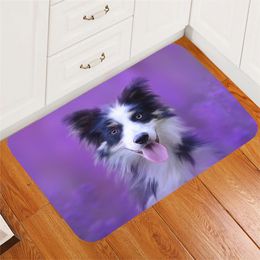 CLOOCL Purple Carpet Border Collie Lavender Flower Sea Pattern Study Bedroom Computer Chair Soft Mute Floor Mat Kids Bedside Rug