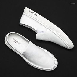 Casual Shoes British Style Genuine Leather Men Loafers Spring/Autumn Sewing Slip On Lazy Soft Sole Designer Flats White Black