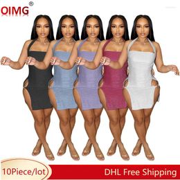 Casual Dresses 10 Wholesale Sexy Mini Dress Summer Women Halter Split Fashion Backless Bodycon Party Night Club Wear Bulk 10699