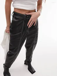 Women's Pants Women Faux Leather Loose Trousers Ladies High Waist Contrast Stitch Seam Peg Vinatge Black PU With Pocket Costume