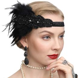 Roaring 20s Black Feather Headband 1920s Flapper Headpiece Women Costume Headwear Great Gatsby Party Hair Accessories