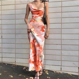 Casual Dresses Tie Dye Printing Women Strap Sex Dress Ruched Lace Up Cross Bandage Backless Bodycon Sexy Party Elegant Club Slim
