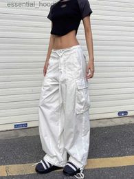 Women's Pants Capris American white spicy girl work pants feminine design Dstring pockets loose fitting wide leg casual pants C240411