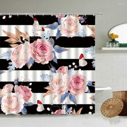 Shower Curtains Pink Rose Peony Flowers Butterfly Curtain Black And White Stripe Creative Design Bathroom Waterproof With Hook