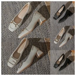 Top Designer High square toe white womens fashionable middle heels soft soles thick heels and single shoes